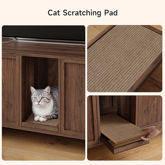 59 Inches Cat Litter Box Enclosure for 2 Cats, Hidden Litter Boxes Furniture with Cat Scratch Pad, Large Indoor Pet House with Double Room, Wooden TV Stand Side Table, Walnut