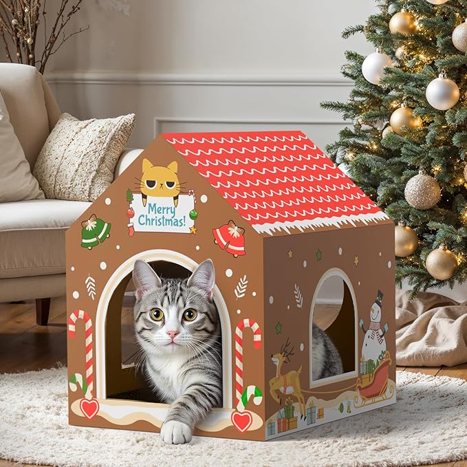 WESTERN HOME Christmas Cardboard Cat House W/Scratcher, Gingerbread Man Indoor Cat House for Christmas Decorations, Hideway Playhouse for Kitten&Small Animal (Brown, 16.5" x 12.5" x 15.5")