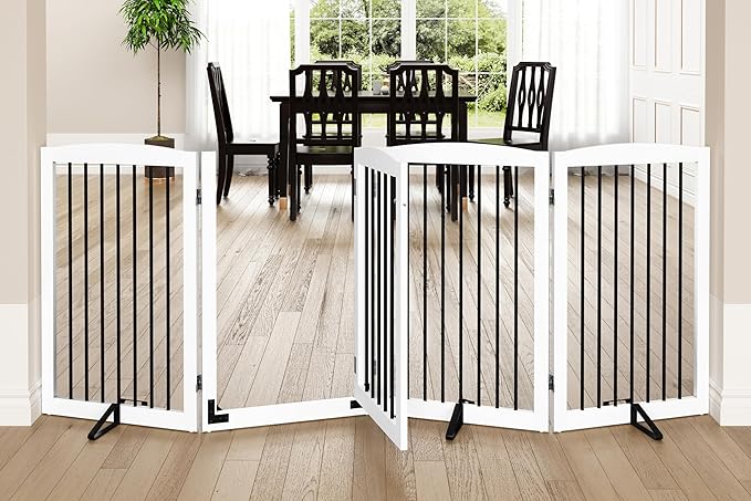 Freestanding Dog Gates with Door Walk Through, 80 inch Wide Gates Indoor, Dog Fences Indoor, Support Feet Included, 4 Panels, 32" Tall, White & Black