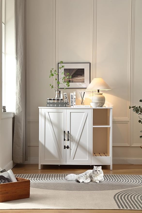 Large Cat Litter Enclosure with Litter Collector, Enclosure for self-Cleaning Litter Boxes,Adjustable Shelf for Dog Proof,Charging Station,Locks Added for cat,Cat House,Cloud White