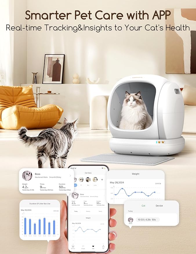 MeoWant Automatic Cat Litter Box, Large Opening Self Cleaning Litter Box with Safety Protection for Multiple Cats, App Control, Odor-Free, 75L Space, Yellow