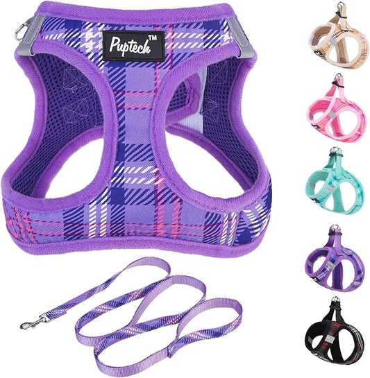 PUPTECK Dog Harness and Leash Set for Small Medium Dogs No Pull Step-in Soft Mesh Puppy Cat Vest Harnesses Reflective at Night, Plaid Pattern Purple M