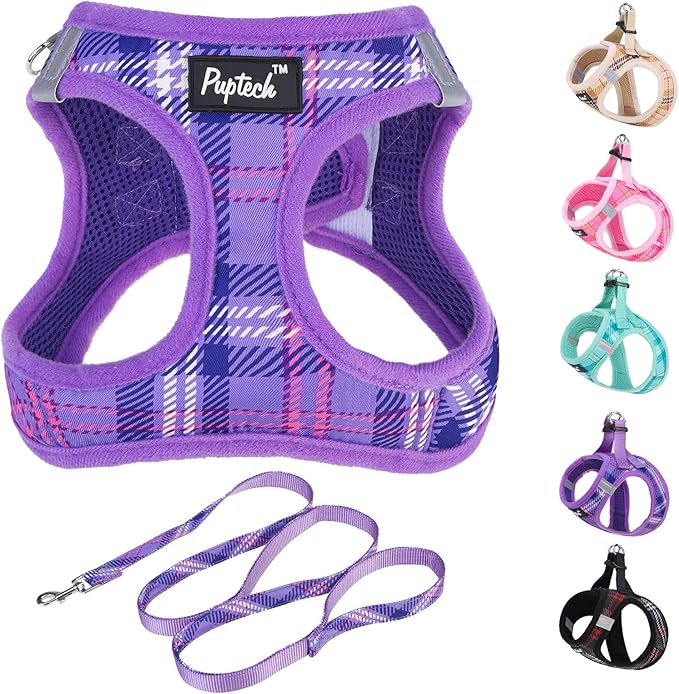 PUPTECK Dog Harness and Leash Set for Small Medium Dogs No Pull Step-in Soft Mesh Puppy Cat Vest Harnesses Reflective at Night, Plaid Pattern Purple S