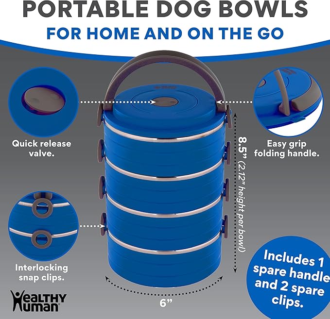 Healthy Human Travel Pet Bento Bowls - Human-Grade Stainless Steel & BPA-Free, Leak-Proof Water & Food Container Set for Dogs & Cats, 2-Pack Interlocking Bowls, Includes Spare Clips & Handle (Blue)