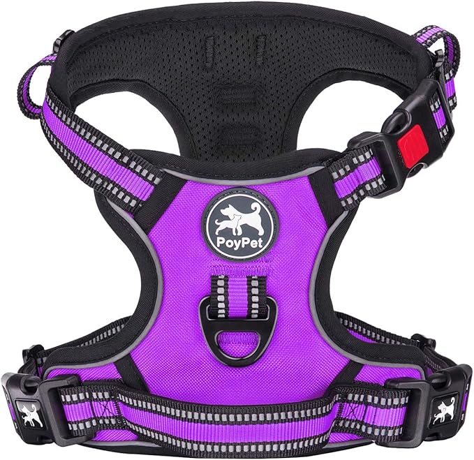 PoyPet No Pull Dog Harness, [Release on Neck] Reflective Adjustable No Choke Pet Vest with Front & Back 2 Leash Attachments, Soft Control Training Handle for Small Medium Large Dogs(Purple,M)