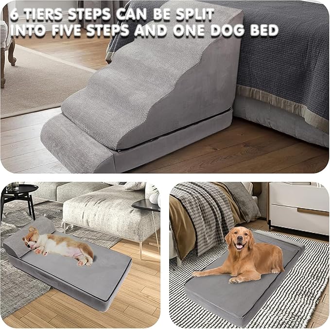 Dog Stairs for High Beds 30-36 inches Tall, 6-Step Pet Stairs/Steps for High Bed 32-36 inches for Small Large Dogs, Dog Ramp for Bed, Foam Dog Steps for Beds for Old Dogs/Cats, Grey