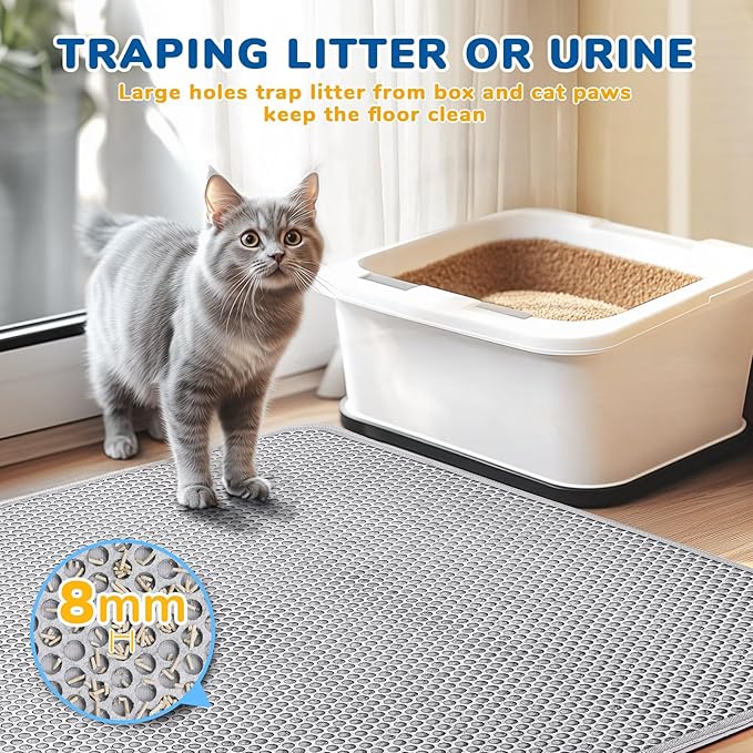BurgeonNest Cat Litter Mat 47" x 35" Upgraded Felt & Fabric Material Cat Trapping Mat for Fewer Creases, Extra Large Hold 3-4 Litter Boxes Urine-Proof Non Slip, Machine Washable, Soft on Paws, Grey