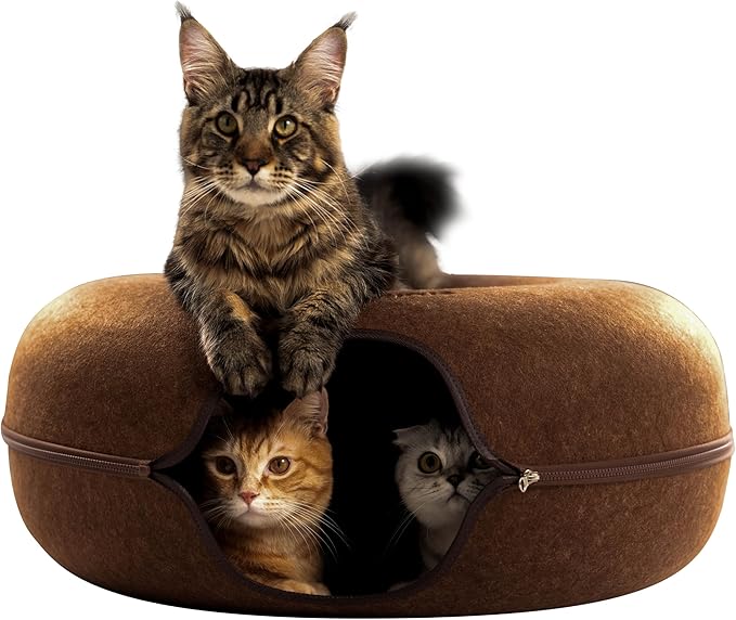 Cattasaurus Peekaboo Cat Cave Donut for Multiple & Large Cats up to 30-45 lbs, 3-in-1 Self Warming Cat Bed, Tunnel & Scratcher for Indoor Cats, Washable & Detachable Small Dog Bed (Brown, Jumbo)
