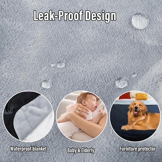 Waterproof Blanket for Bed Couch Sofa, Reversible & Reusable Cat, Dog Blanket Waterproof Washable, Small Water Resistant Blankets, Leakproof (40"x60", Black/Light Grew)