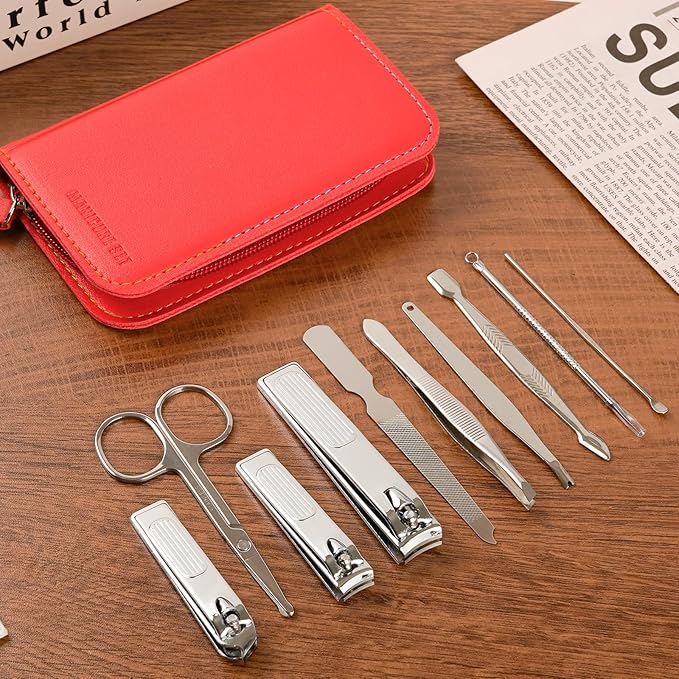 Premium Stainless Steel Nail Clippers Set - Travel Grooming Kit, 10pc Manicure/Pedicure Tools with PU Case - Unisex Gift for Men and Women(C-Red)