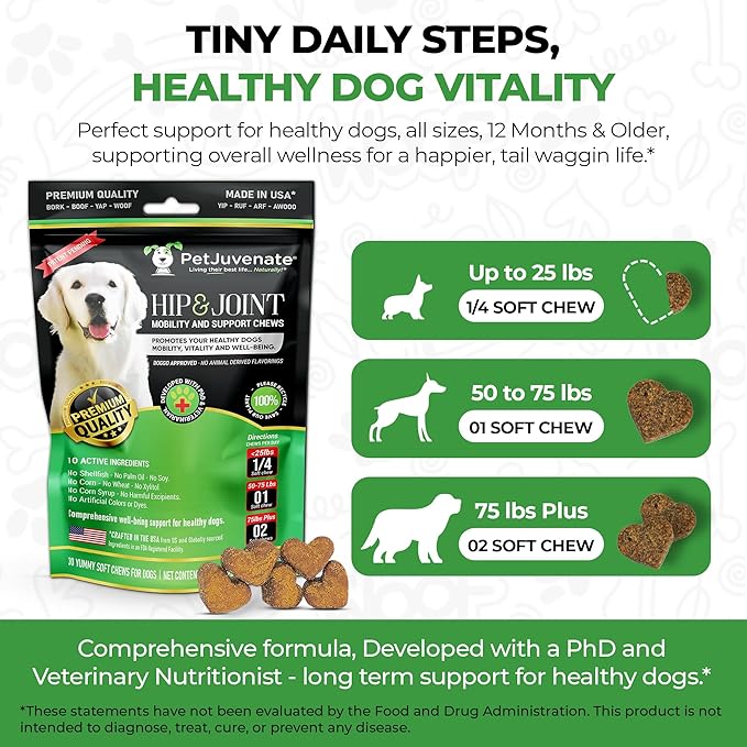 PetJuvenate® Soft Chews for Healthy Dogs – Patent Pending – Joint & Wellness Support – Helps Maintain Hip & Joint Health in Dogs – Developed with PhD & Vet Nutritionist Input –for 12 Months & Older