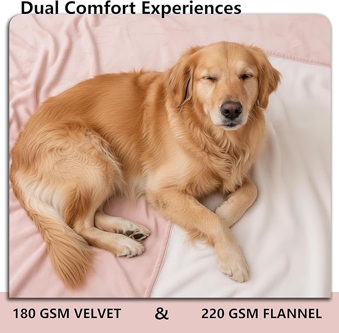 Waterproof Blanket for Bed, Leak Proof Dog Couch Blankets Reversible, Pet Throw Sofa Furniture Protector Machine Washable-82 x120,Pink+Cream