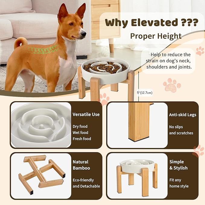 Elevated Slow Feeder Dog Bowl - Ceramic Food Dish with Bamboo Stand - Raised Maze Design - Ideal for Medium to Large Dogs - Milky White - 8.4 inch