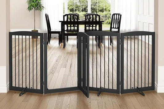 Freestanding Dog Gates with Door Walk Through, Pet Gate for Stairs, 80 inch Wide Gates Indoor, Dog Fences Indoor, Support Feet Included, 4 Panels, 32" Tall, Grey