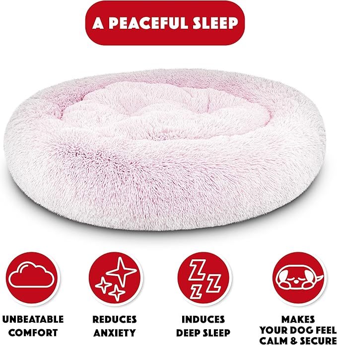 The Dog’s Bed Sound Sleep Original Calming Dog & Cat Bed, Anti-Anxiety Rose Pink Fur Donut Nest Snuggler, with Removable Cover, Veterinary Approved