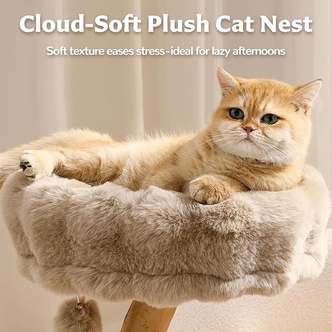 Cat Tree Modern Sturdy Solid Wood Cat Tower for Large Cat with Scratching Post for Indoor, Multifunctional Cat Tower with Cozy Bed and Platforms