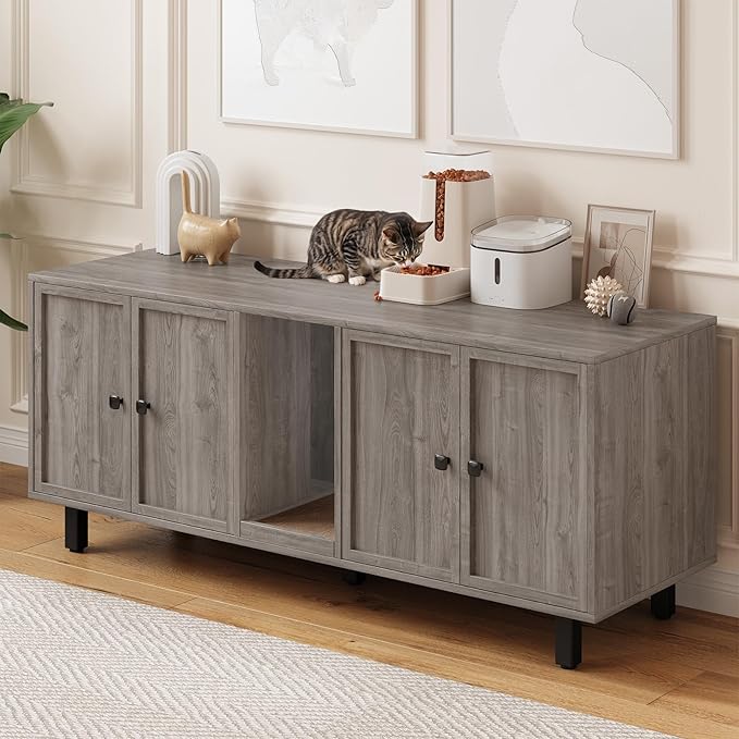 ONBRILL 59 Inches Cat Litter Box Enclosure for 2 Cats, Hidden Litter Boxes Furniture with Cat Scratch Pad, Large Indoor Pet House with Double Room, Wooden TV Stand Side Table, Grey