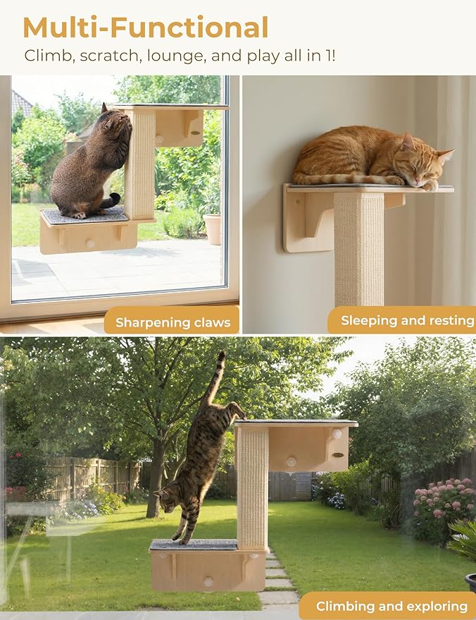 Pecute Double Cat Shelves with Scratching Post for Wall and Window with Solid Wood, Strong Suction Cup, Washable Cover Mat, Cats Perch Bed for Birds Watching Inside Indoor Cat Hammock Bed