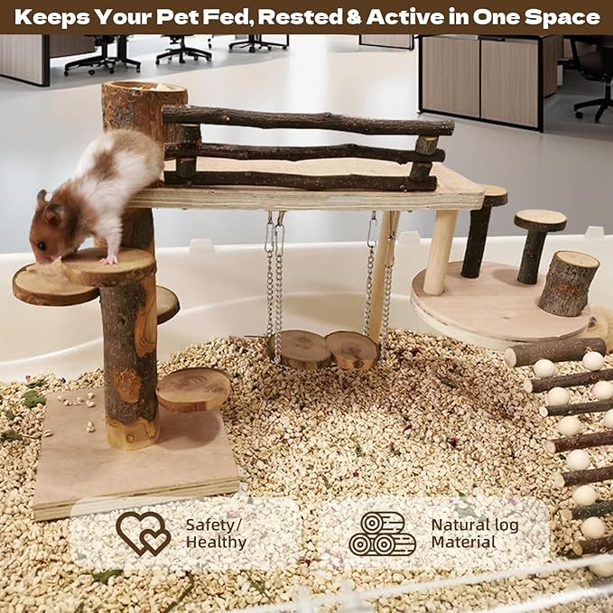 Hamster Playground & Climbing Toys Set, Natural Wooden Small Animal Activity Center with Ladder, Bridge, Ramp, Food Bowl, Multi-Room Hideout for Mice, Gerbils, Rats - Hamster Cage Accessories