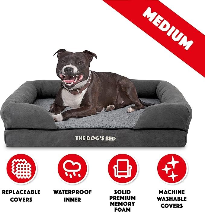 The Dog’s Bed, Medium Grey Plush Memory Foam, Pain Relief: Arthritis, Hip & Elbow Dysplasia, Post Surgery, Lameness, Supportive, Calming, Washable Cover, Veterinary Approved