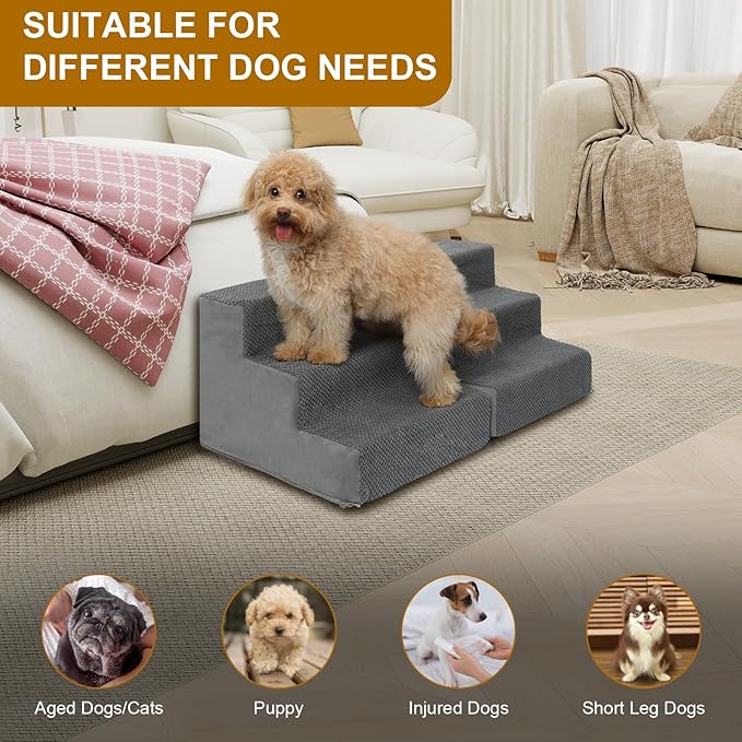 Dog Stairs for Small Dogs, 6-Step Dog Steps for High Bed, High-Density Foam Pet Stairs with Non-Slip Removable Washable Cover to Get on Bed