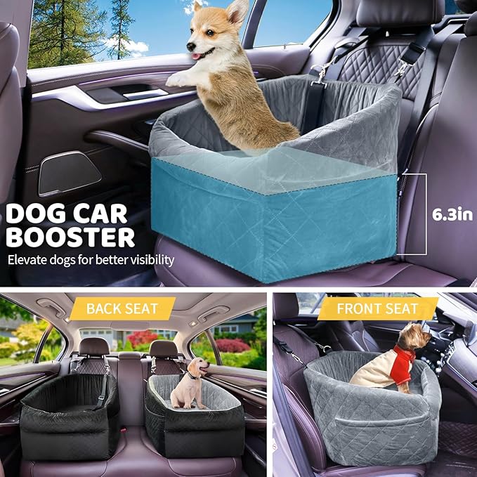 Dog Car Seat for Small/Medium Dogs, Upgrade Dog Booster Seat,Detachable and Washable Pet Car Seats with Thick Cushion Safety Leash and Storage Pockets(Black/Grey)