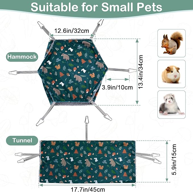 Bienbee 2 Pcs Ferret Rat Hammock Set for Cage Washable Guinea Pig Hideout Bed Soft Small Animal Hammock Tunnel Toys Ferret Cage Accessories for Hedgehog Sugar Glider Squirrel Hamster