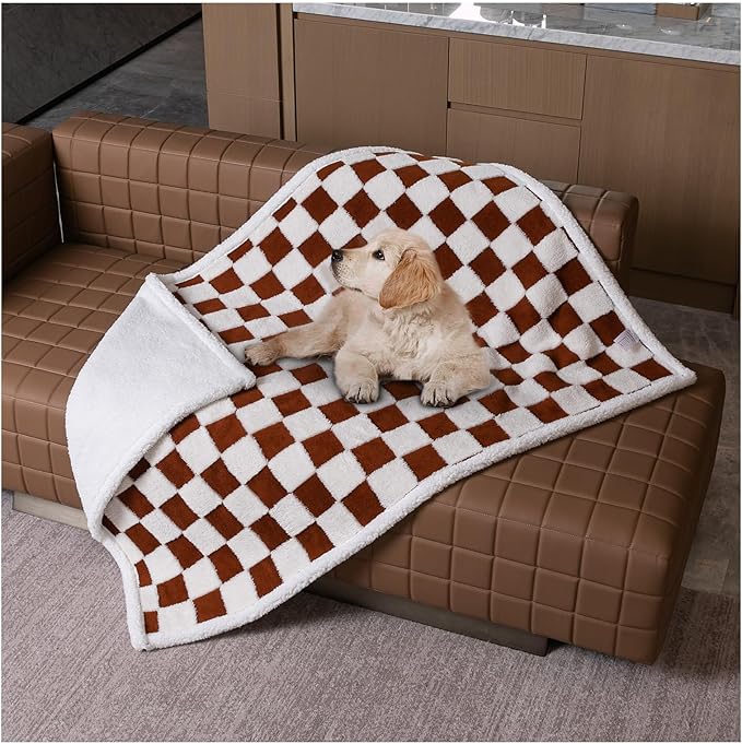 Waterproof Pet Blanket,Checked Jacquard Pets Throw Dog Blankets Dog Bed Covers Couch Sofa Stylish for Puppy Cats Washable Reversible Furniture Protection Covers (Coffee Check,S)