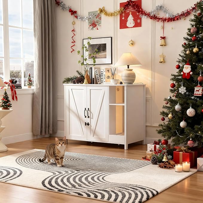 Large Cat Litter Enclosure with Litter Collector, Enclosure for self-Cleaning Litter Boxes,Adjustable Shelf for Dog Proof,Charging Station,Locks Added for cat,Cat House,Cloud White