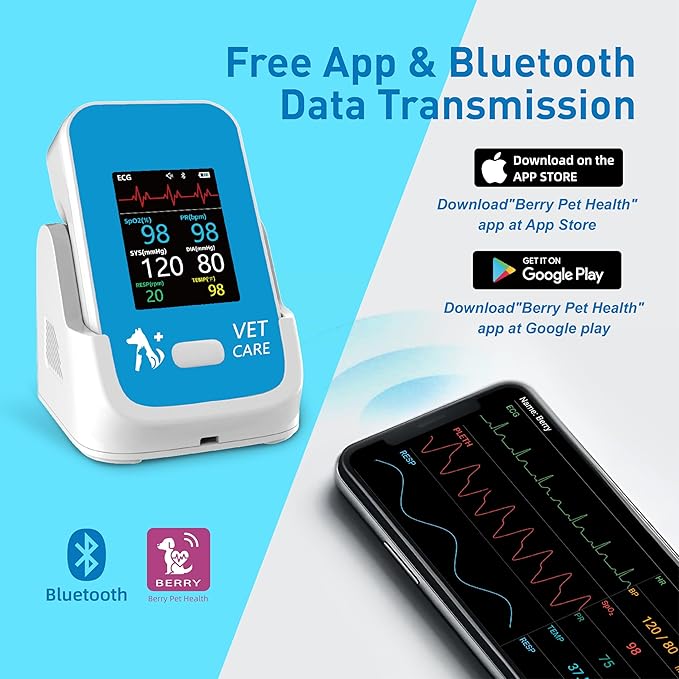 Veterinary Blood Pressure Monitor for Dog,Wireless Rechargeable 6 Parameters Animal Vital Signs Monitor,Accurate Bluetooth Veterinary Pulse Oximeter with Free APP for Family Clinic Use