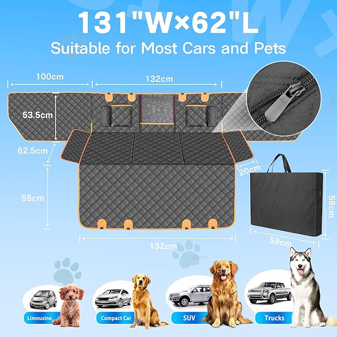 Dog Car Seat Cover for Back Seat, Hard Bottom Car Seat Cover for Dogs with Door Protectors, Waterproof Back Seat Extender for Dogs, Scratch-Resistant, Suitable for Cars