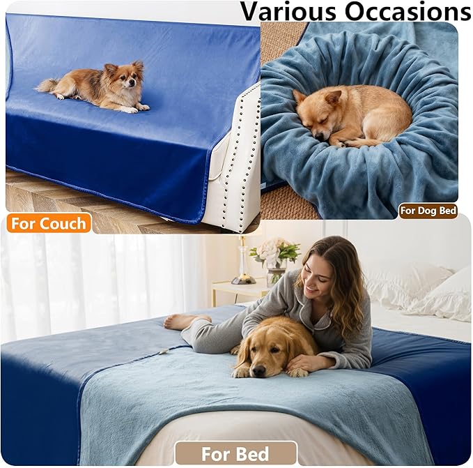 Waterproof Blanket for Bed King Size, Leak Proof Dog Couch Blankets Reversible, Pet Throw Sofa Furniture Protector Machine Washable-82 x108,Navy Blue+Stone Blue