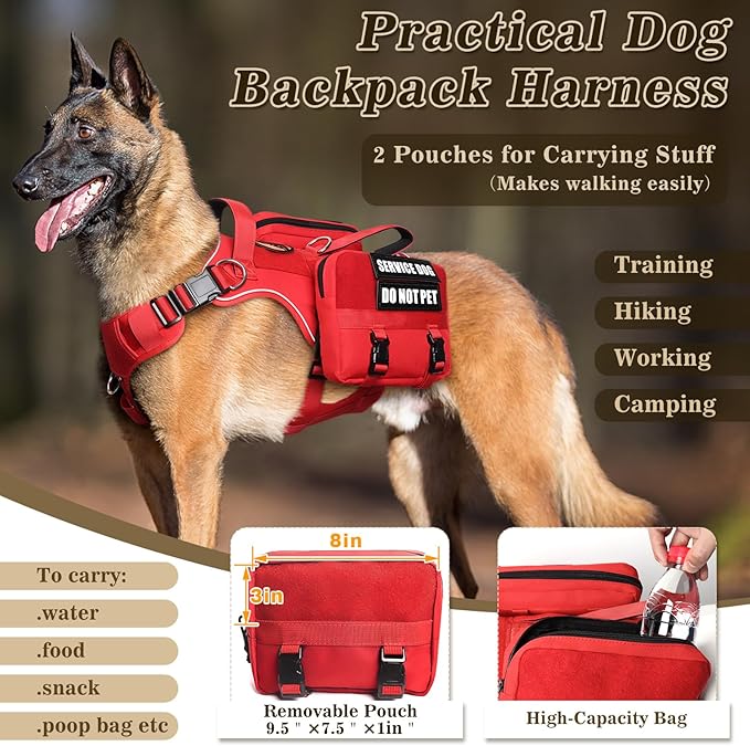 Service Dog Vest with Pockets,Large Dog Harness and Removable Backpack for Training Hiking,Pet Vest with Handle&Molle System for Patches,Red XL