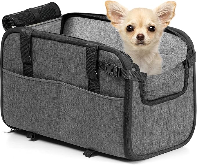 YUDODO Center Console Dog Car Seat, Anti-Slip Pet Cat Booster Seat for Small Dogs, Portable Puppy Bed Carseat Carrier PU Leather Gray