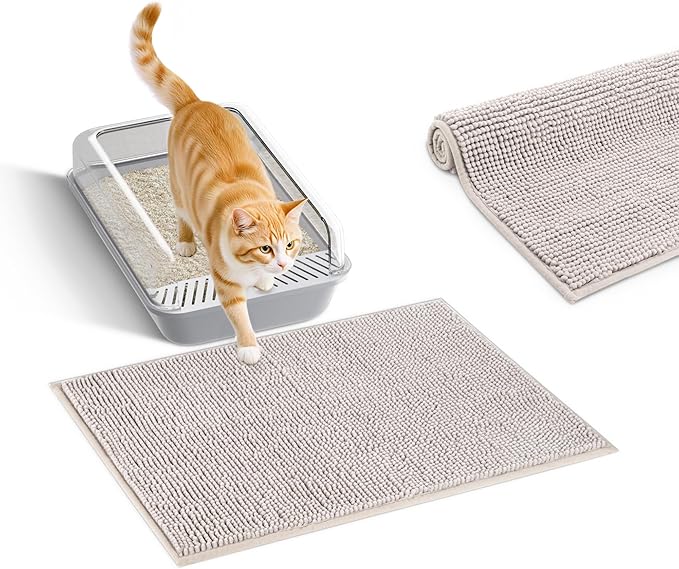 Pieviev Chenille Cat Litter Mat for Litter Box, 28"x22" Soft Ultra Absorbent Mat, Waterproof & Non-Slip, Easy to Clean Litter Trapping Mat for Indoor Cats, Gray