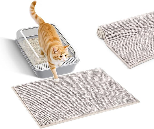 Pieviev Chenille Cat Litter Mat for Litter Box, 28"x22" Soft Ultra Absorbent Mat, Waterproof & Non-Slip, Easy to Clean Litter Trapping Mat for Indoor Cats, Gray