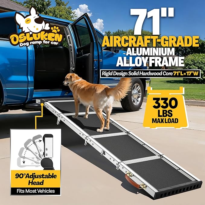 𝟐𝟎𝟐𝟓 𝐔𝐩𝐠𝐫𝐚𝐝𝐞𝐝 Dog Ramp for Car (330 lbs), Extra L71” W17” Folding Pet Ramp for Large Dogs 90° Adjustable Head, Outdoor Anti-Slip Foldable Dog Car Ramps for SUV Truck Side Door (5 Folded)