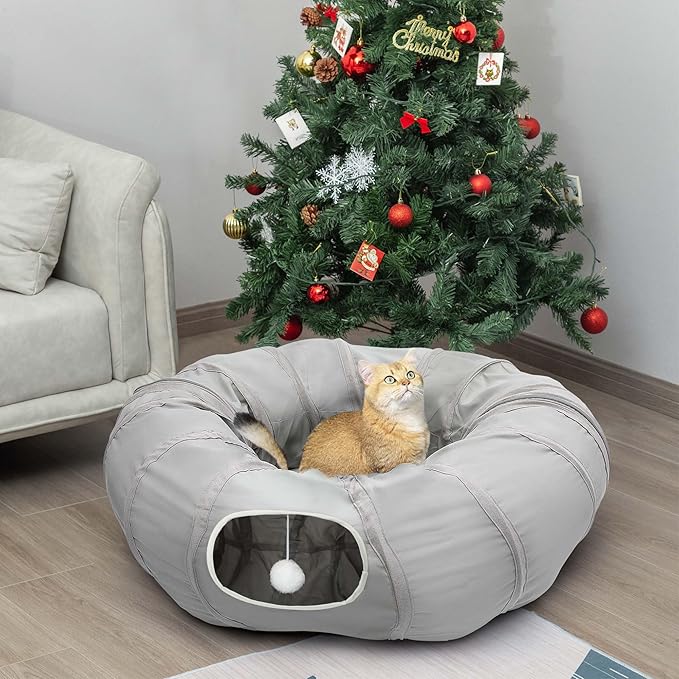 AUOON Cat Play Tunnel - Christmas Tree Cat Tunnel, Round Cat Tunnel with Bed | Interactive Cat Toys for Indoor Cats Kitten Kitty Puppy Rabbit Ferret (Light Grey)