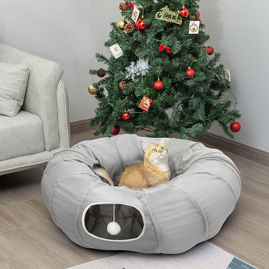AUOON Cat Play Tunnel - Christmas Tree Cat Tunnel, Round Cat Tunnel with Bed | Interactive Cat Toys for Indoor Cats Kitten Kitty Puppy Rabbit Ferret (Light Grey)
