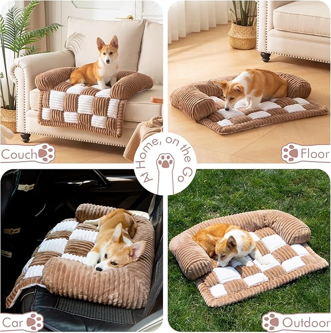 Dog Bed for Couch with Bolster, Comfy Couch Cover for Dogs Washable, Non-Slip Plush Furniture Protector, Calming Fuzzy Lounge Mat, Pet Sofa Accessories (Brown, Medium)