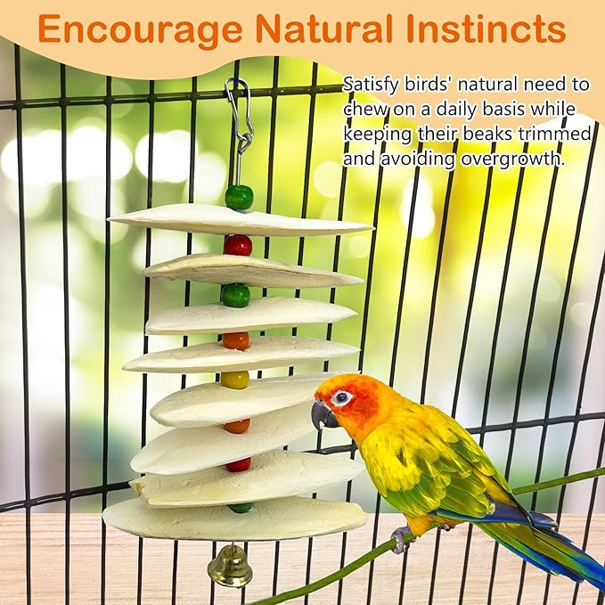 3 Pack Bird Chewing Toy Cuttlebone Parrot Toy with Bell Hanging Bird Beak Grinding Stone Parakeet Cage Accessories for Small & Medium Budgies Lovebirds Cockatiels (Flake,8 Per Skewer)