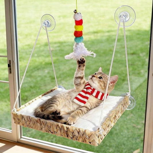 Cat Window Perch with 4 Strong Suction Cups and Ball Toy, Handwoven Straw Cat Window Hammock Sturdy Hanging Bed Seat Soft Cushion for Indoor Cats