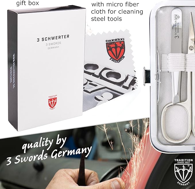 3 Swords Germany - Brand Quality 6 Piece Manicure Pedicure Grooming kit Set - Scissors, Metal and Glass Nail File, Clipper, Tweezers with Synthetic Leather case - White