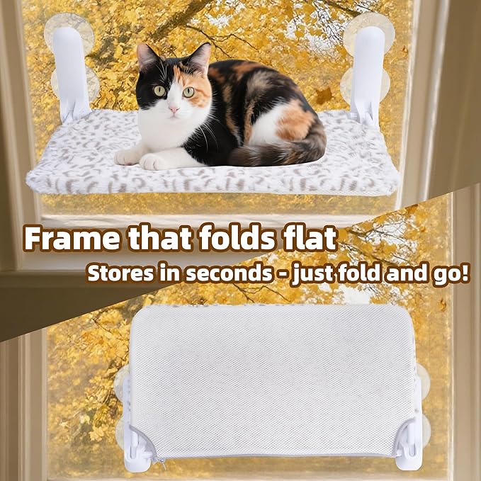 Cat Window Perch, Cordless Foldable Cat Hammock Bed with 4 Suction Cups, Embeded Machine Washable Bed for Indoor Cats, Strong Metal Frame Holds 40lbs (Leopard Print, Two Pieces)