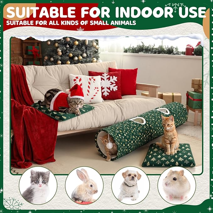 Thyle 2 Pcs Christmas Straight Cat Tunnel with Plush Inside & Self Warming Pet Bed 49 ×12 Inch Green Collapsible Pet Tube for Indoor Cats Include Balls Peek Hole Xmas Tree Snowflakes Self Heating Mat