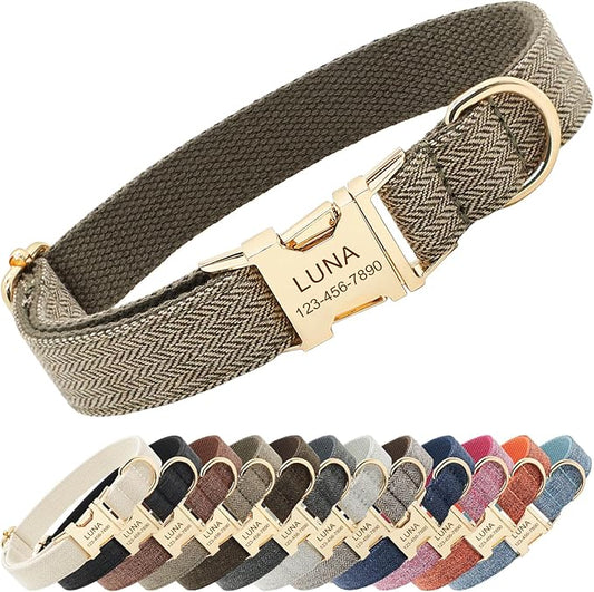 Polyester Personalized Dog Collar with Name and Phone Number, Customizable Laser-Engraved Collar with Metal Quick Release Buckle for Dogs (Warm Gray)