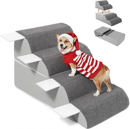4-Steps Dog Stairs for Bed and Couch 16.9" H, Wider Pet Stairs for Small Old Large Dogs Cats, 30°Steady Non-Slip Dog Steps, Washable Dog Ramp with Removable Cover, PE Boards