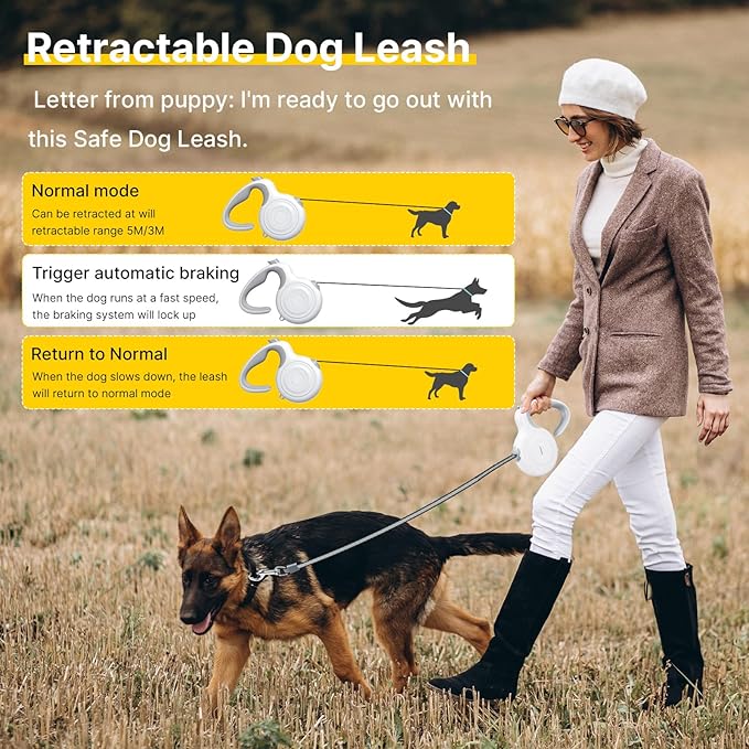 10Ft Auto-Brake Retractable Dog Leash for Small Medium Dogs Light Weight 360° Tangle-Free Strong Nylon Tape and Ergonomic Anti-Slip Soft Handle One-Handed Brake