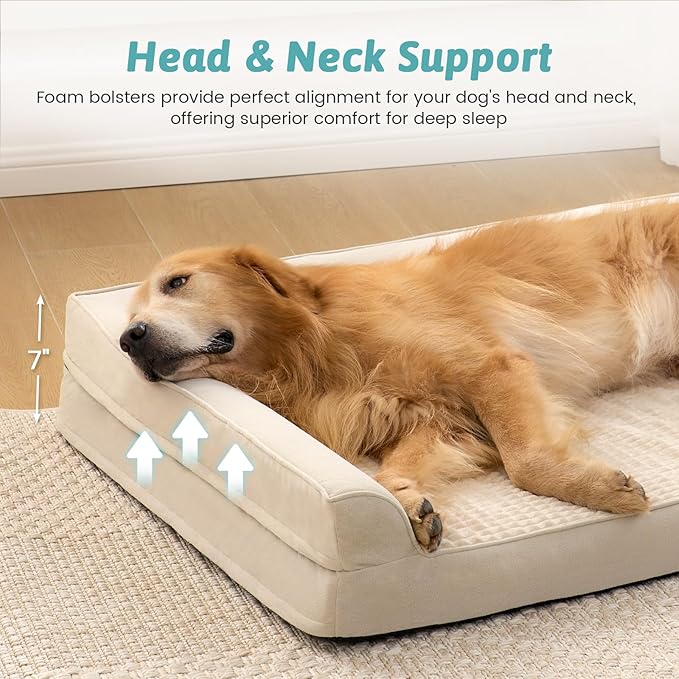 Orthopedic Dog Bed for Large Size Dog, XL Dogs Crate Bed, L Shaped Foam Anti-Slip Bottom Pet Cat Sofa with Washable Removable Cover, Suitable for Pet Up to 100 lbs, 44x32x7 inch, Beige