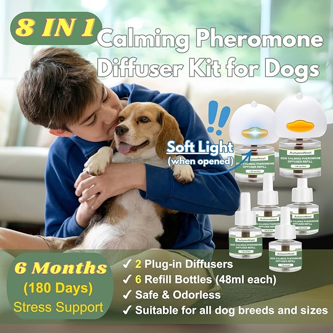 8-in-1 Calming Diffuser for Dog – Pheromone-Based Dog Anxiety Relief, 2 Plug-Ins & 6 Refills for 180-Day Stress Support – Helps Promote Calm Behavior, Safe & Non-Toxic, Anxiety Relief for Dogs